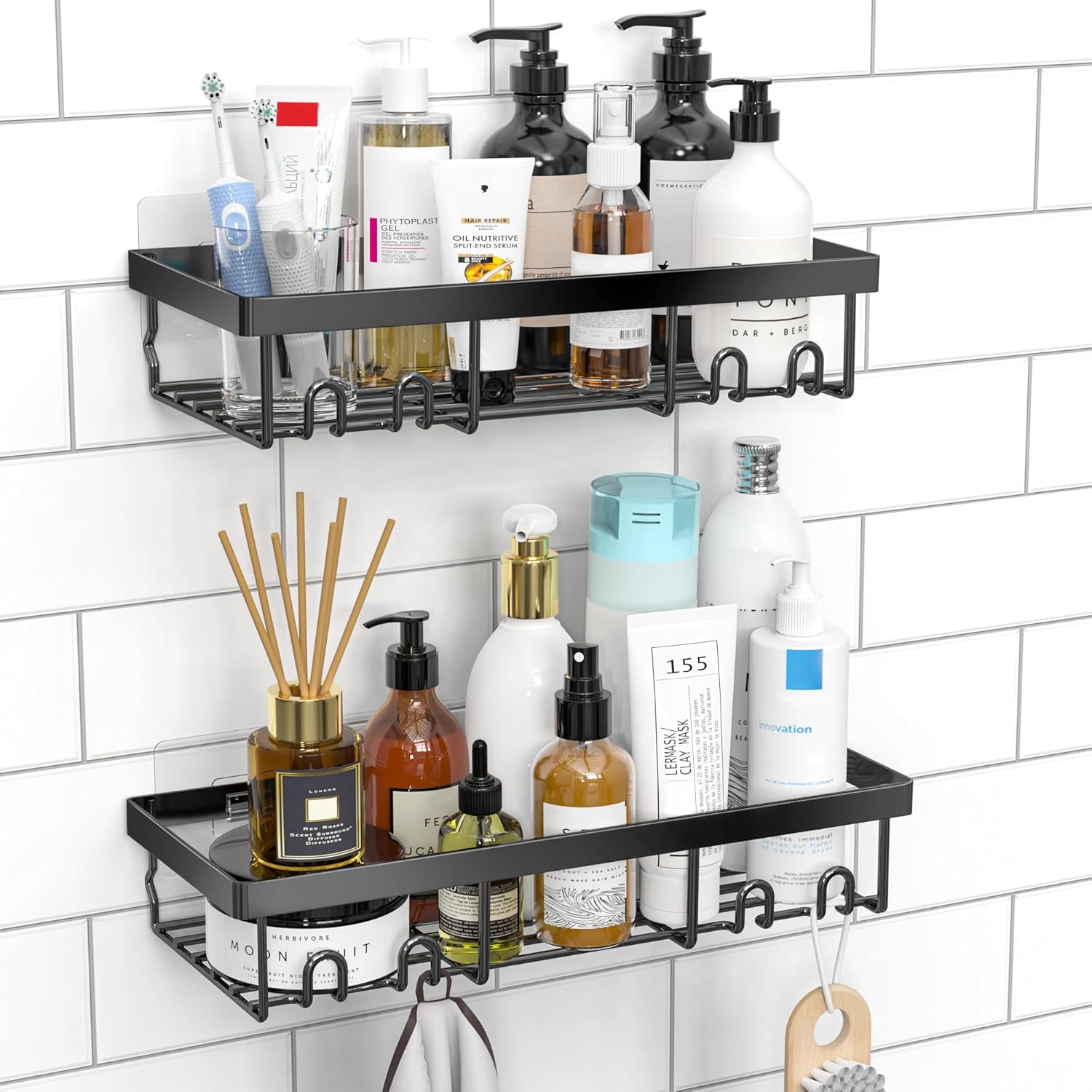 Shower Caddy Shelf Organizer Rack, Self Adhesive Black Bathroom Shelves Basket