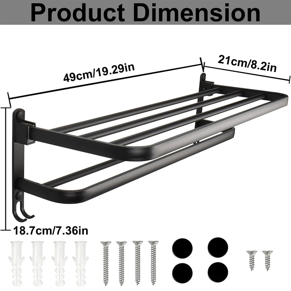 50CM Matte Black Folding Holder With Hook Towel Holder Wall Mount AluminumTowel Rack Bathroom shower rack Bathroom Accessories