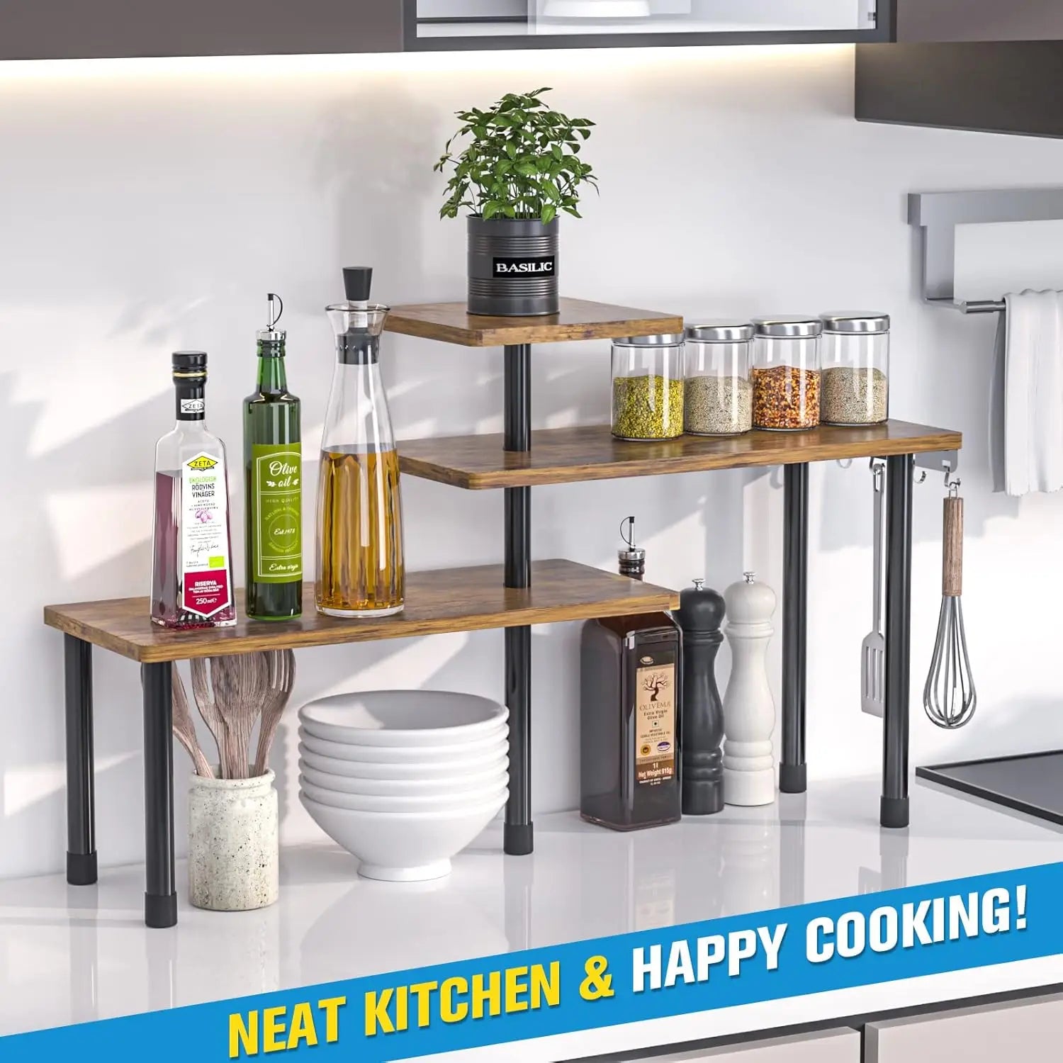 3-Tier Adjustable Corner Shelf Organizer for Kitchen, Bathroom, Spice Rack, Coffee Station - Rustic Brown