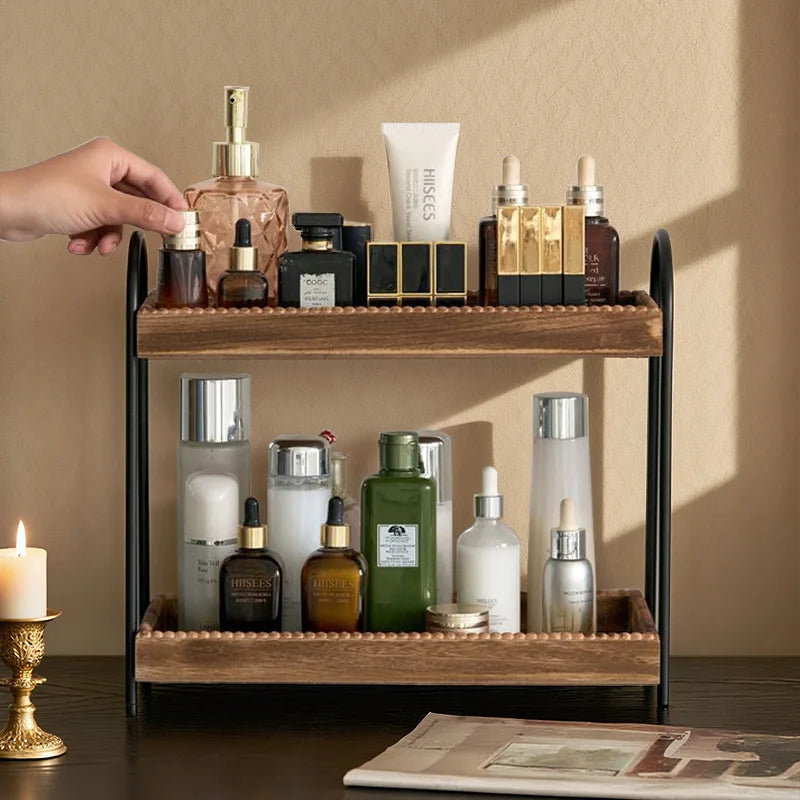 Bathroom Countertop Organizer, 2 Tier Vanity Organizer and Storage for Cosmetic Skincare Perfume, Wood Bead Storage Shelf