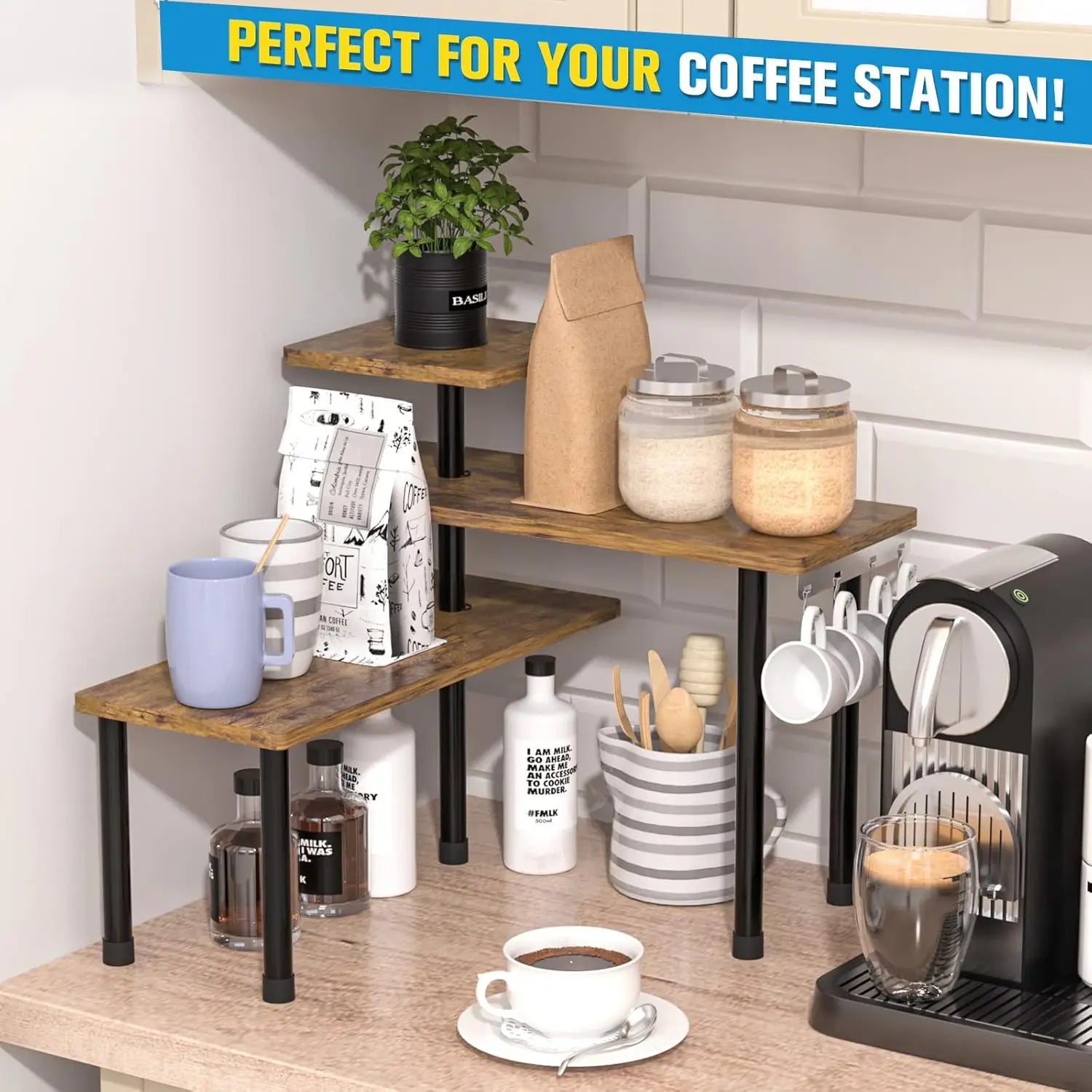 3-Tier Adjustable Corner Shelf Organizer for Kitchen, Bathroom, Spice Rack, Coffee Station - Rustic Brown