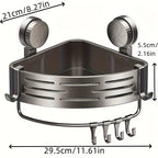 Space-Saving Suction Cup Bathroom Shelf - No Drilling Required, Strong Triangular Rack with Hooks, Suitable for Shower And Toile