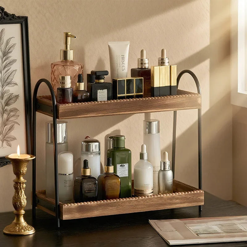 Bathroom Countertop Organizer, 2 Tier Vanity Organizer and Storage for Cosmetic Skincare Perfume, Wood Bead Storage Shelf