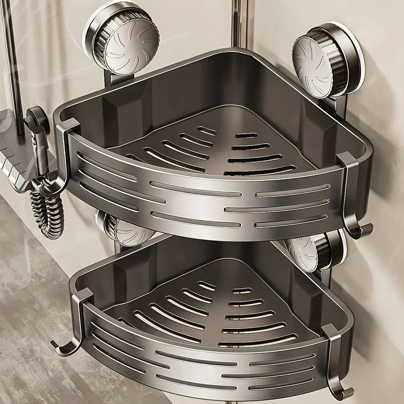 Space-Saving Suction Cup Bathroom Shelf - No Drilling Required, Strong Triangular Rack with Hooks, Suitable for Shower And Toile
