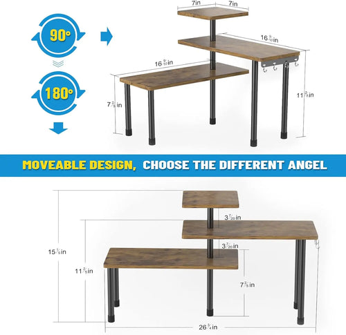 3-Tier Adjustable Corner Shelf Organizer for Kitchen, Bathroom, Spice Rack, Coffee Station - Rustic Brown