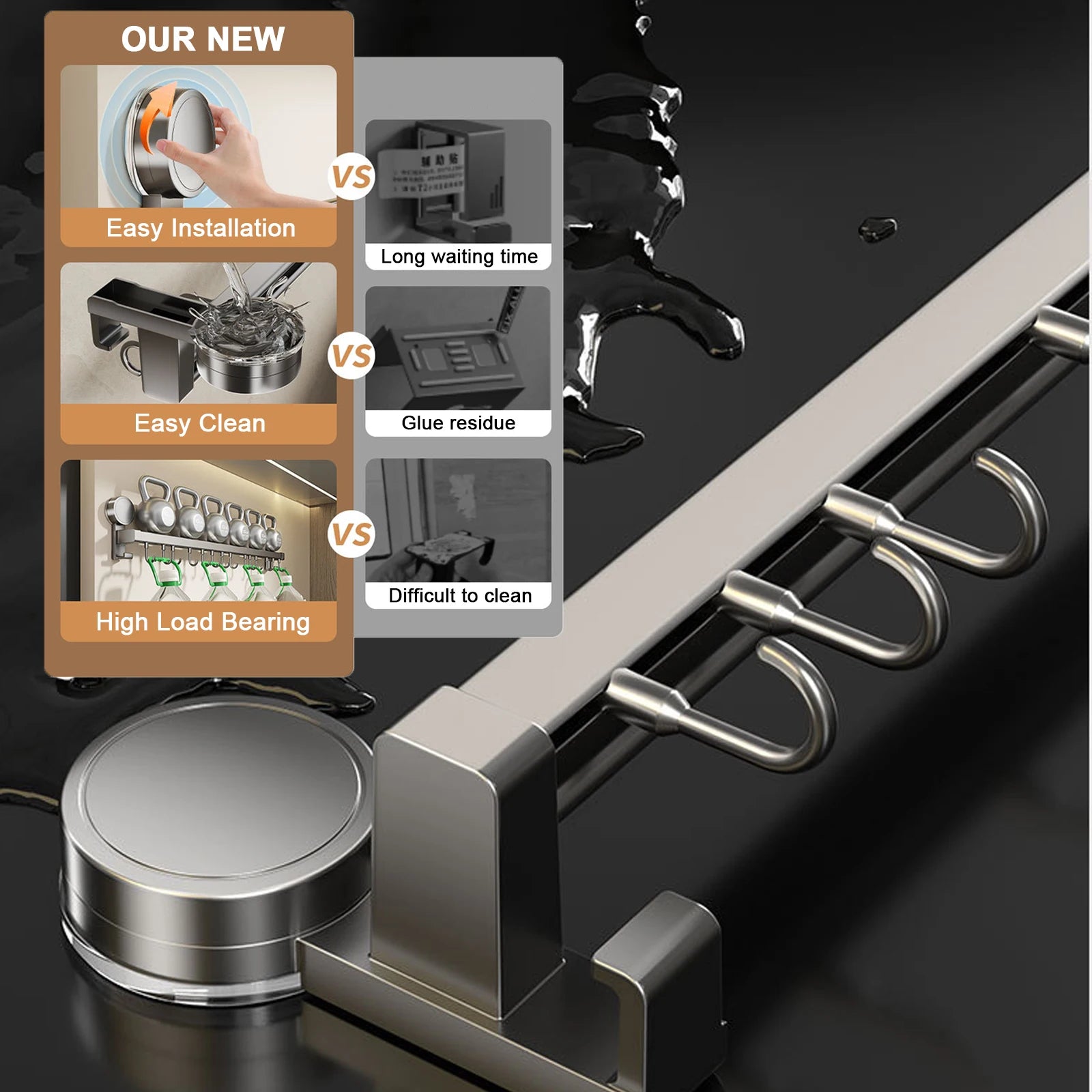 Wall Mounted Kitchen Hook Rack No-Punching Wall Hangers Rail Kitchen Utensils Rack Spoon Shovel Chopping Board Storage Rack