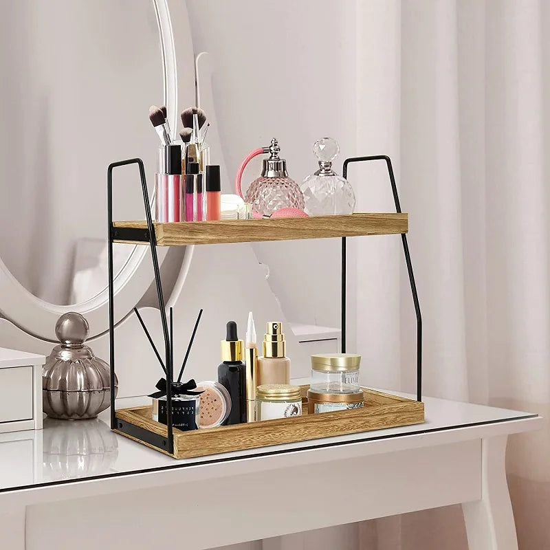 2 Tier Coffee Station Storage Organizer Wooden Spice Rack For Home Office Kitchen Counter Shelf Bathroom Makeup Storage Holder