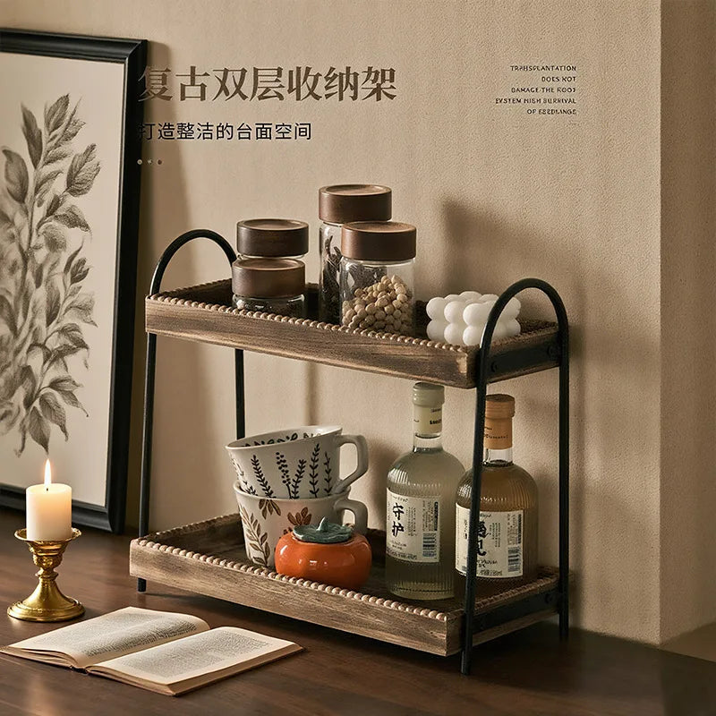 Bathroom Countertop Organizer, 2 Tier Vanity Organizer and Storage for Cosmetic Skincare Perfume, Wood Bead Storage Shelf
