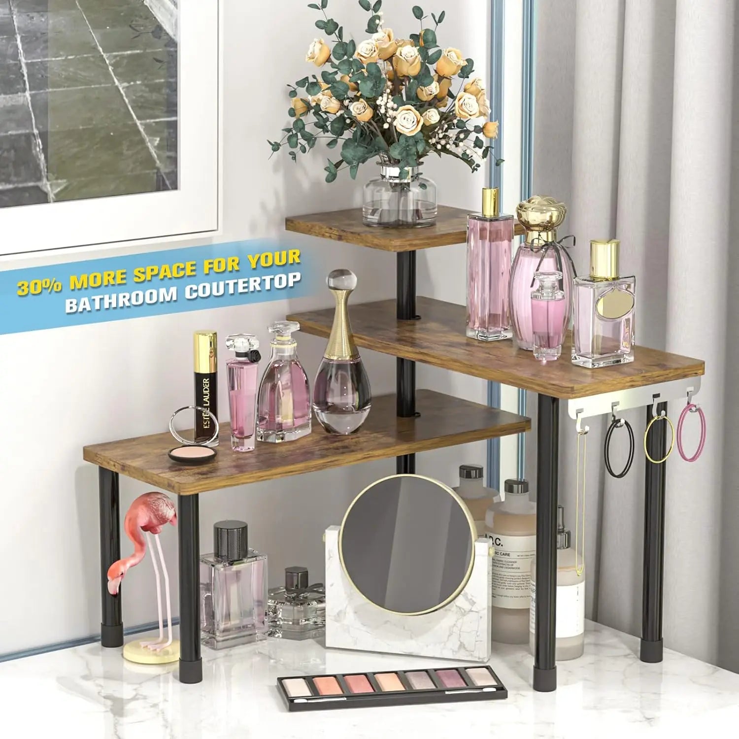 3-Tier Adjustable Corner Shelf Organizer for Kitchen, Bathroom, Spice Rack, Coffee Station - Rustic Brown