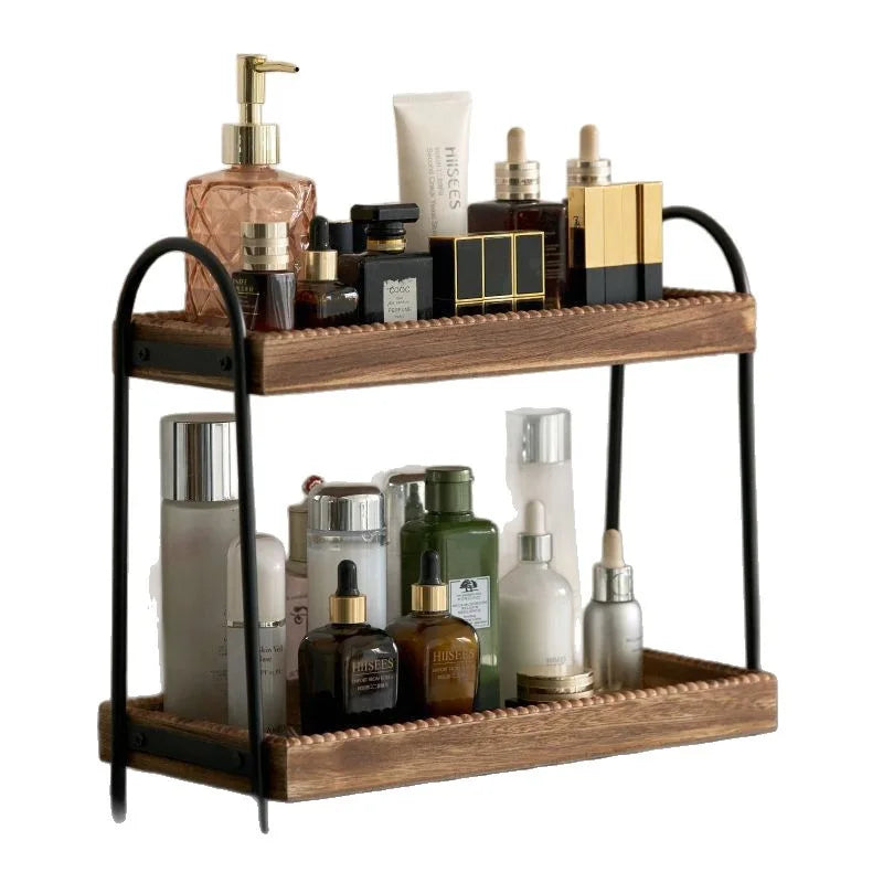 Bathroom Countertop Organizer, 2 Tier Vanity Organizer and Storage for Cosmetic Skincare Perfume, Wood Bead Storage Shelf